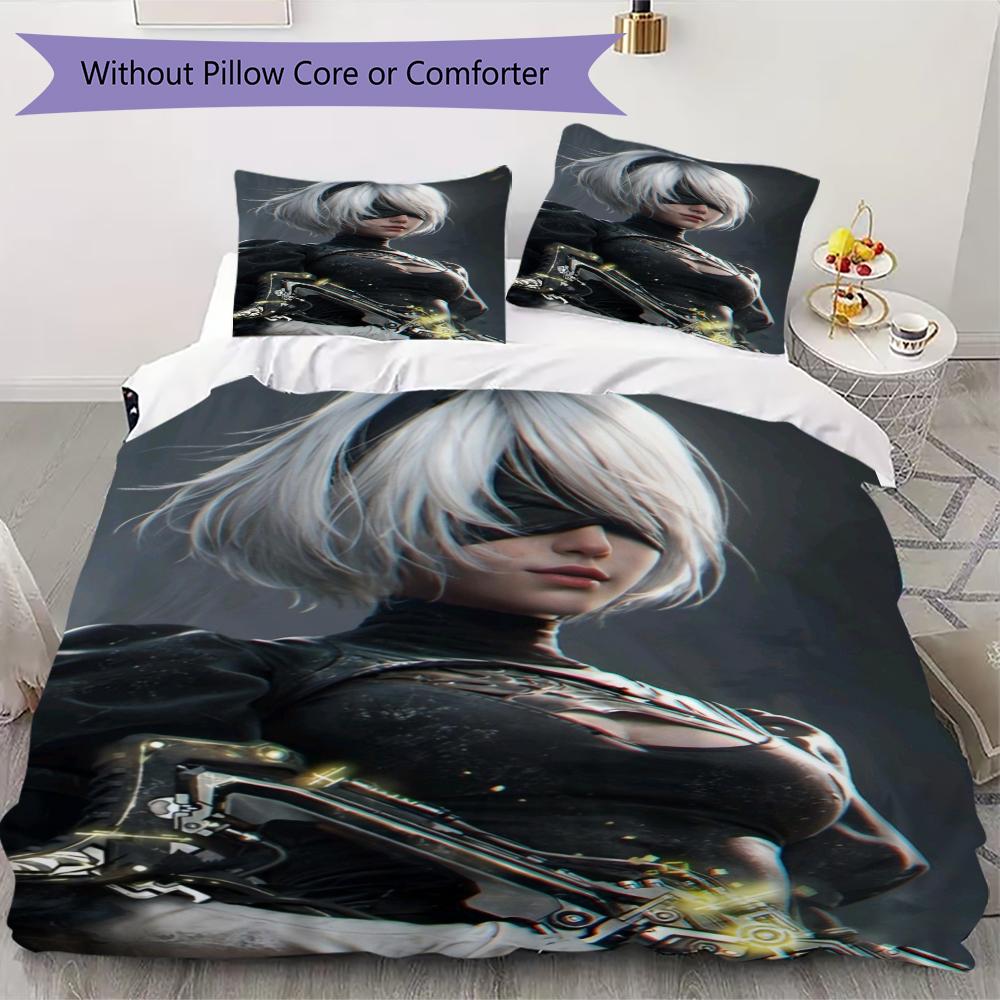 NieR Automata Pattern Bedding uilt Set uilt Cover Pillowcase Home Decoration Birthday Gift (1 * duvet cover + 2 * pillowcase without core)
