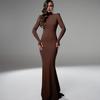 Women Evening Dress Long Sleeves Skinny Solid Color Sheath Hollow Back Floor