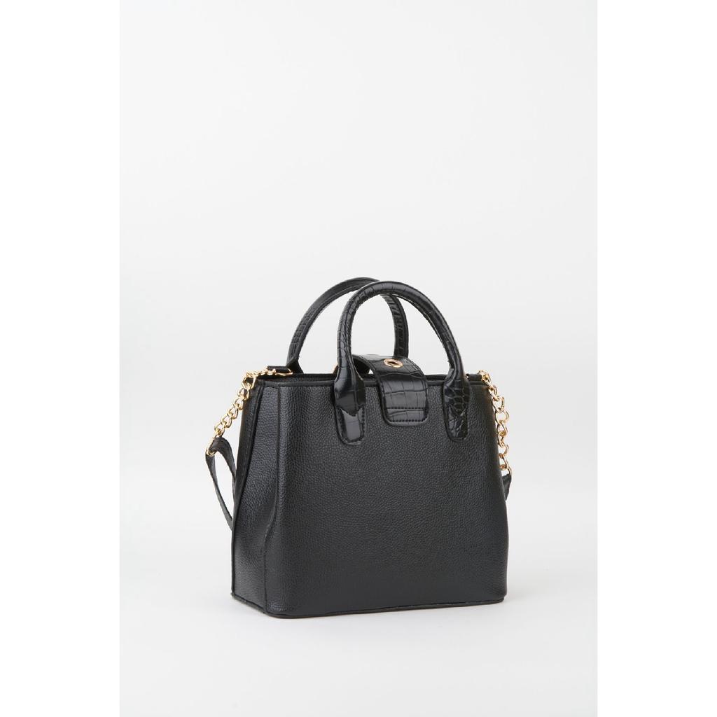 Women's Black Faux Leather Croco Patterned Strap Snap Fastener Zipper Closure Hand And Shoulder Bag