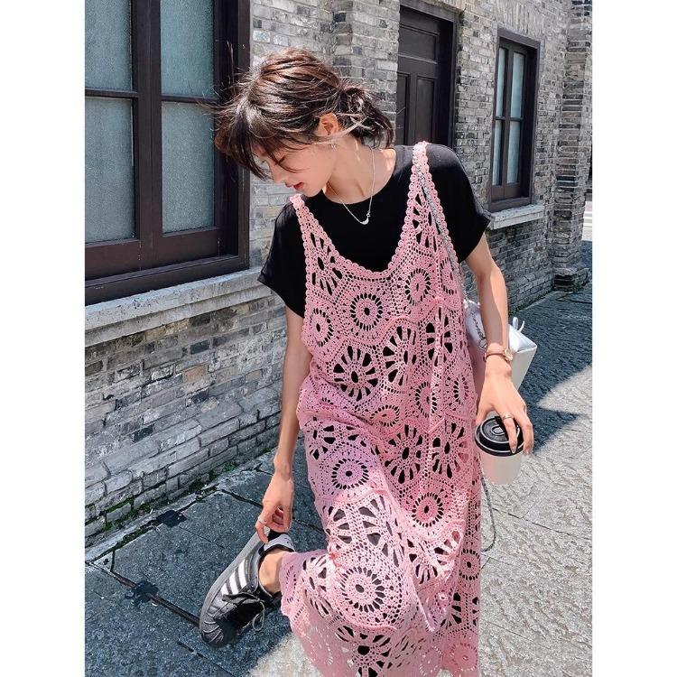 2024 New Women Knitting Lace Dress Sexy Hollow Out Long Vest Summer Style Loose Basic Tops O Neck Tees Dimanaf