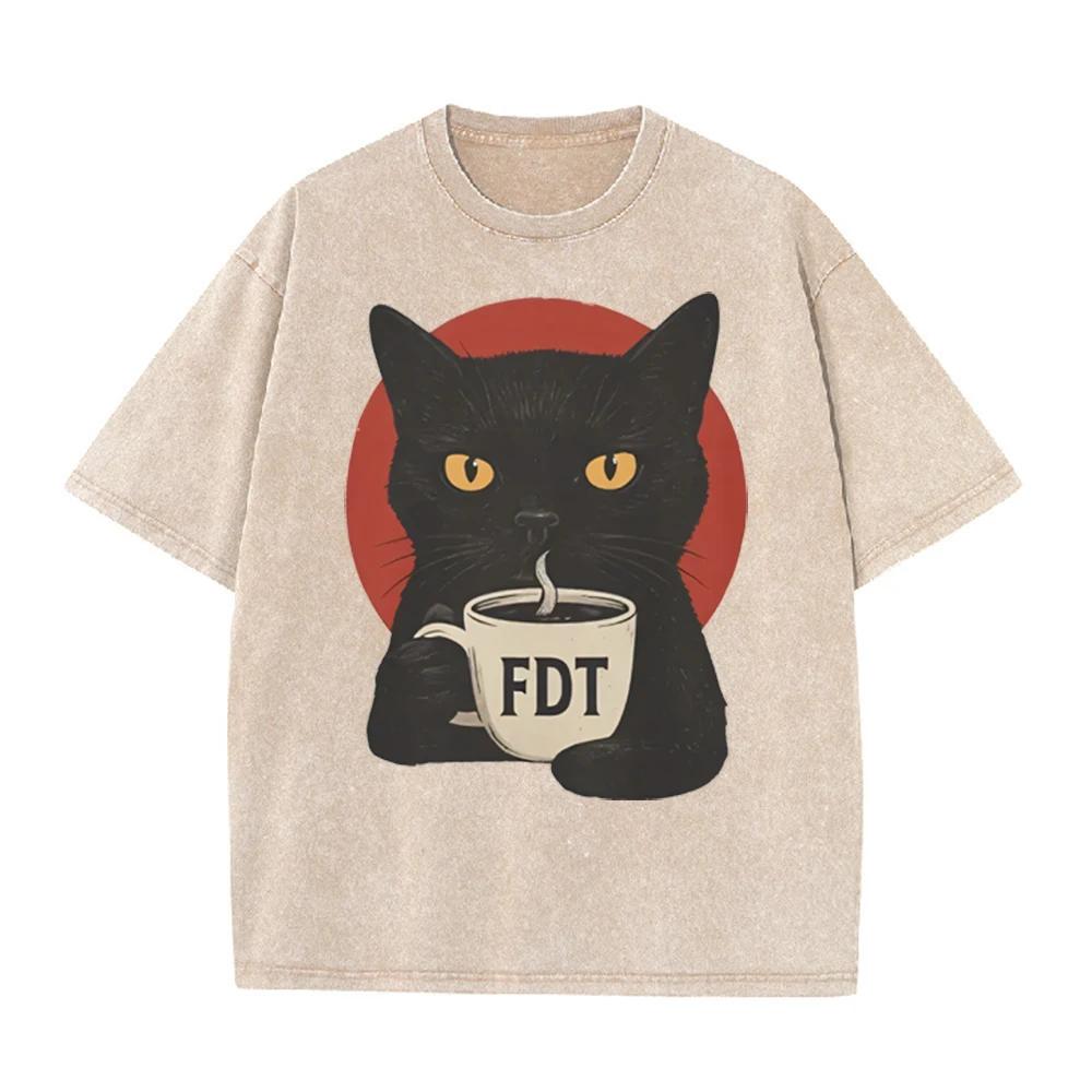 2026 Summer Unisex FDT Black Cat Graphic T Shirt Soft Breathable Cotton Round Neck Short Sleeve Casual Daily Streetwear Loose To