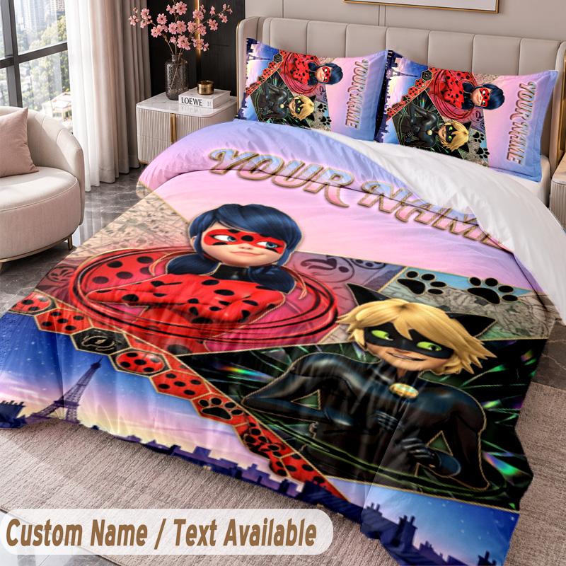 Custom Name Text 3Pcs Bedding Set Miraculous Ladybug Duvet Cover And Two Pillowcases