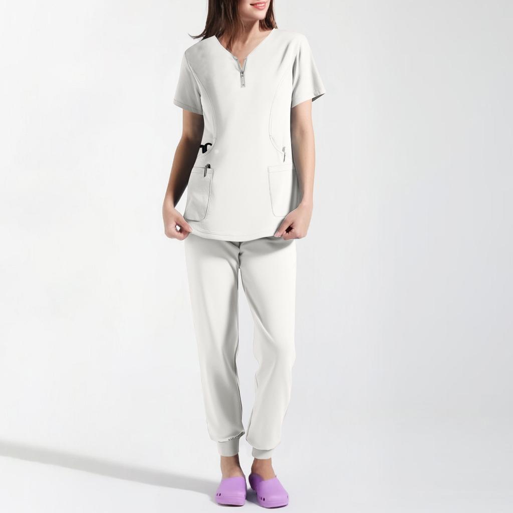 Women's Uniform Quick Drying Fabric Solid Color V-neck Zipper Pocket Short Sleeved Pants Set Caregiver Set