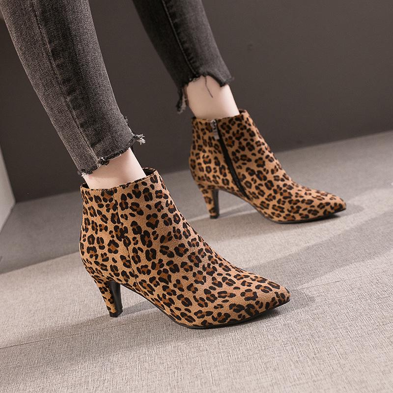 Fashion 2024 Autumn High Heels Ankle Boots Plus Size Leopard Women Boots Retro Pointed Ladies Shoes Side Zipper Booties Botas De Mujer