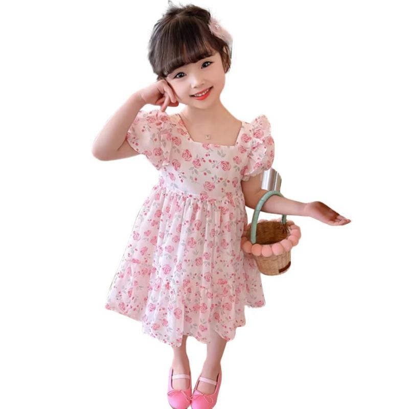 2-6 Years Children Girls Floral Dress Summer Casual Puff Sleeve Princess Dress