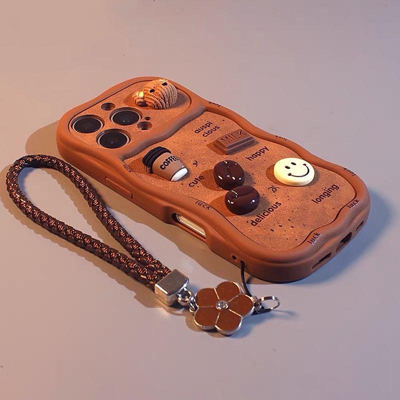 Suitable for Iphone 3D Cute Coffee Brown Wavy Edge Phone Case with Lanyard Soft Silicone Cover Perfect Gift for Girls Firends
