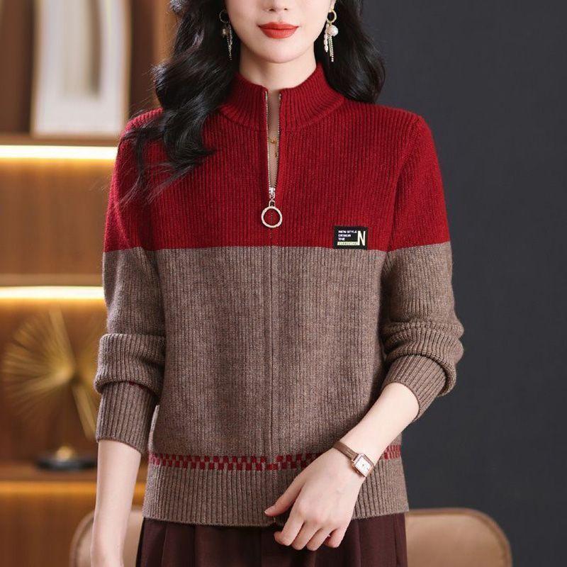 Women's Fashion Color Block Stand Collar Knitwear Zipper Cardigan: Trendy Loose Slimming Jacket for Middle-aged Mothers