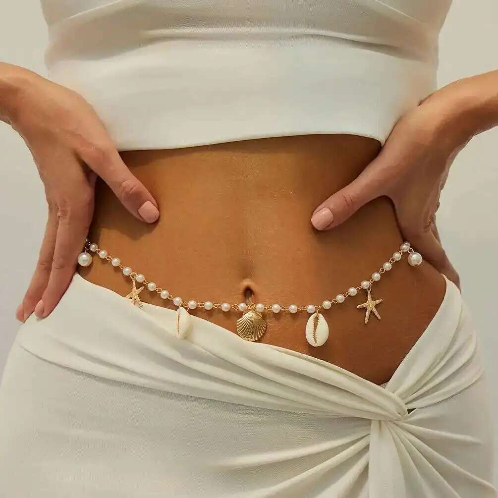 Ingemark Bohemian Imitation Pearl Starfish Conch Pendant Waist Chain for Women Summer Beach Sexy Bikini Body Chain Charm Jewelry