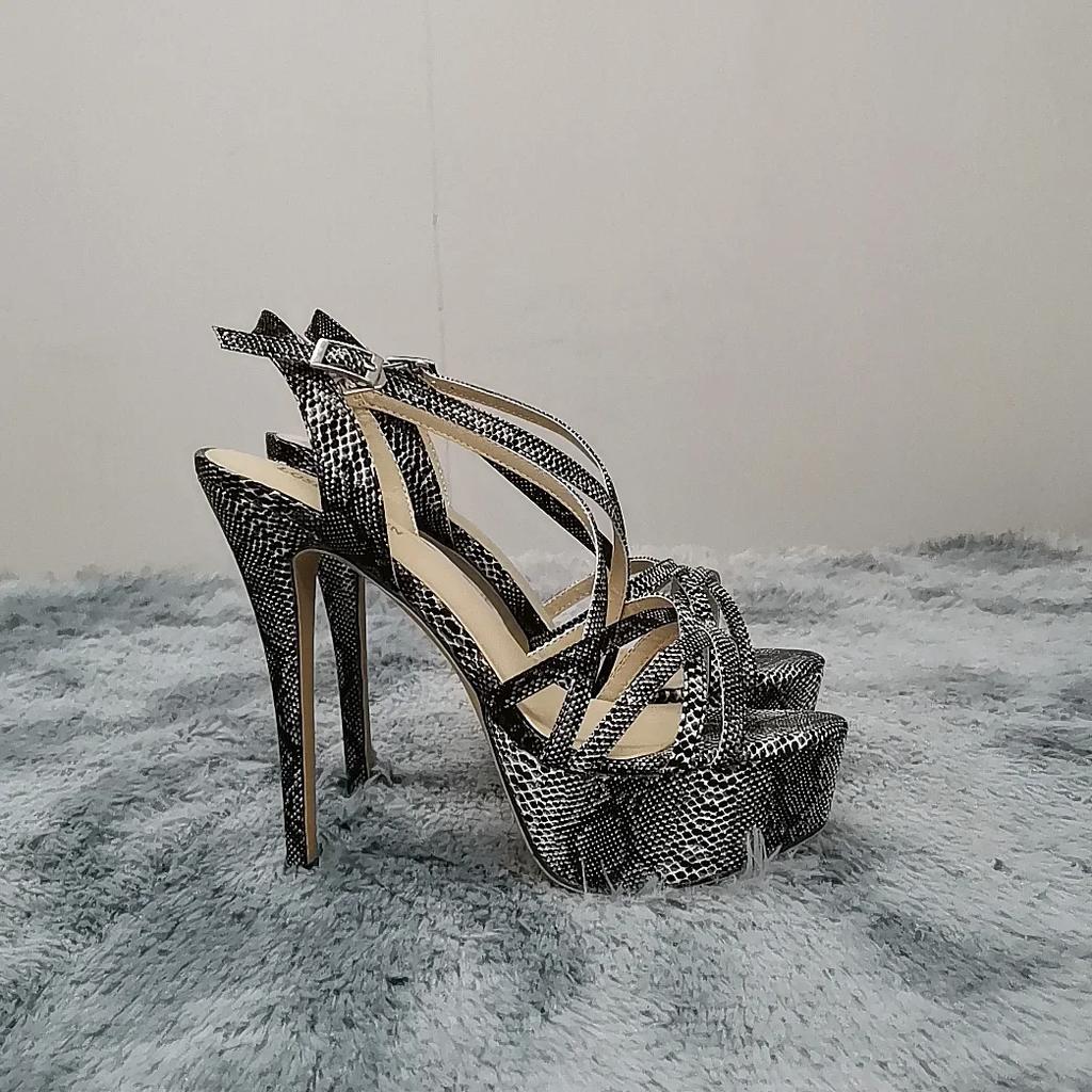 Женские босоножки НОВЫЕ 14 см с открытым носком на платформе и высоким каблуком с узором змеиной кожи, сексуальные сандалии с ремешком на щиколотке, гладиаторские вечерние туфли для женщин