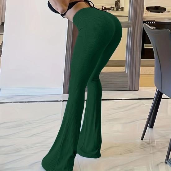 Women Flared Pants Elastic High Waist Solid Color Long Pants