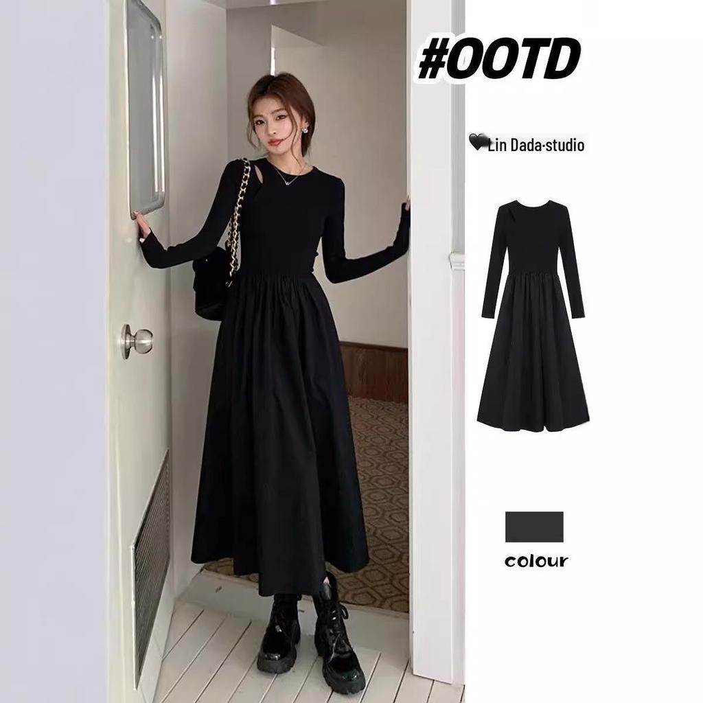 Hepburn-Style Hollow Long-Sleeve Slim Fit Dress - Autumn/Winter 2024