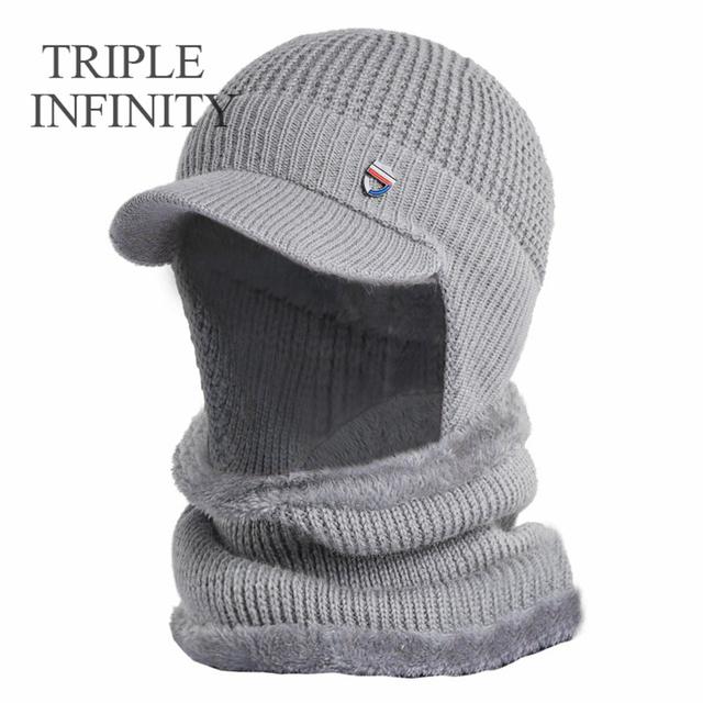 Winter Men Hat Outdoor Ear Protection Warm Thick Bicycle Knitted Cap Scarf Windproof Visors Baseball Cap Male