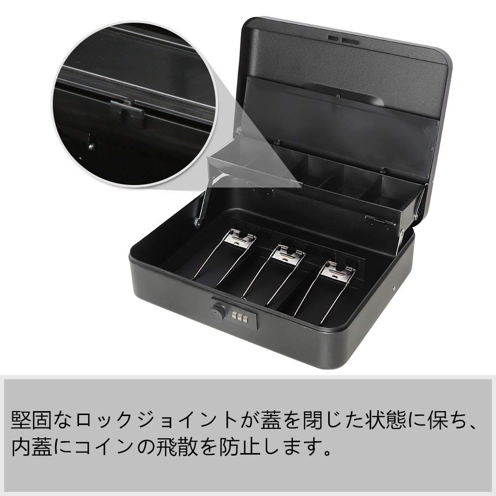 Jssmst Портативный сейф с дисковым замком, Касса для монет с тремя пружинными зажимами, Органайзер для банкнот, Металл, 30x24x8.8см (Черный циферблат)