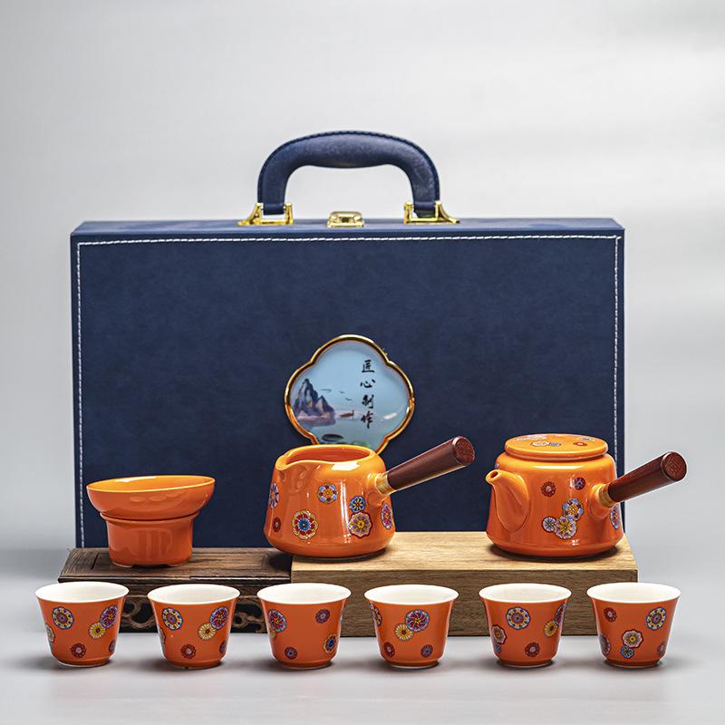 Цзи синий глазурованный набор для кунг-фу чая, сервировочный чайник для гостиной, керамическая чайная чашка, полный набор подарков, чайная церемония, легкая роскошь, ретро чайный сервиз