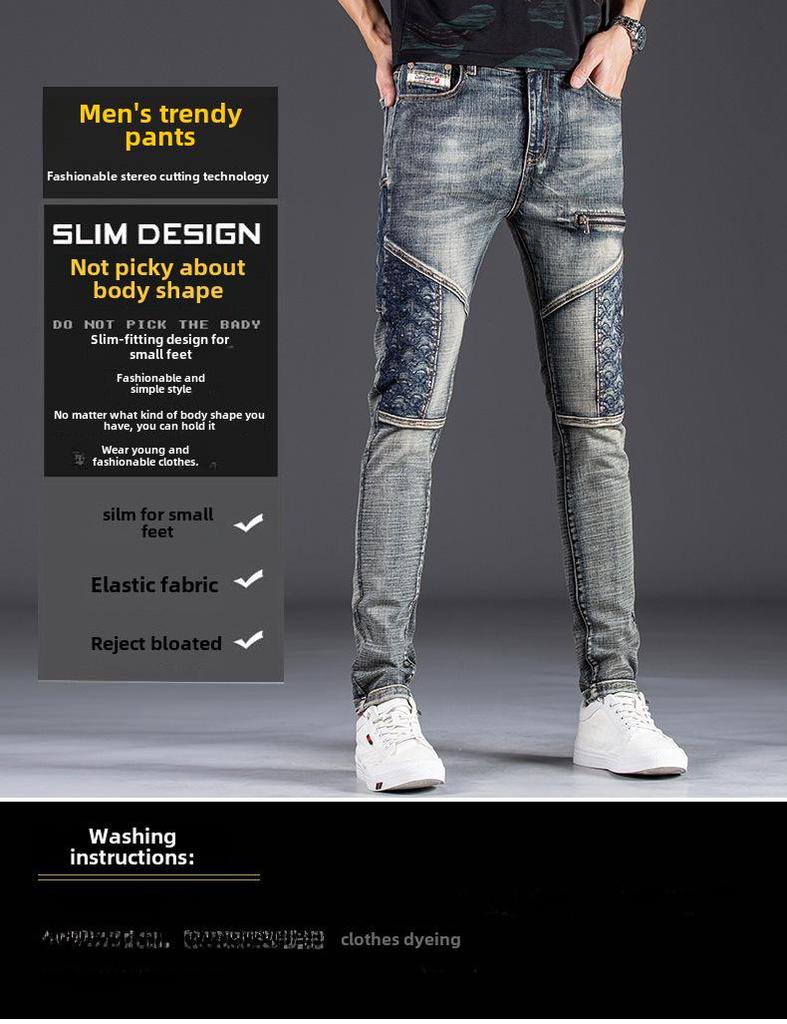 Ностальгические синие эластичные узкие джинсы в мотоциклетном стиле для мужчин - облегающие брюки из денима с модной строчкой
