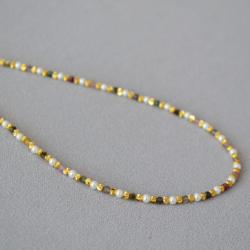 Французская ниша Элегантный жемчужный цветной турмалин настоящий камень бисер простой темперамент изящное ожерелье ключичная цепочка для женщин