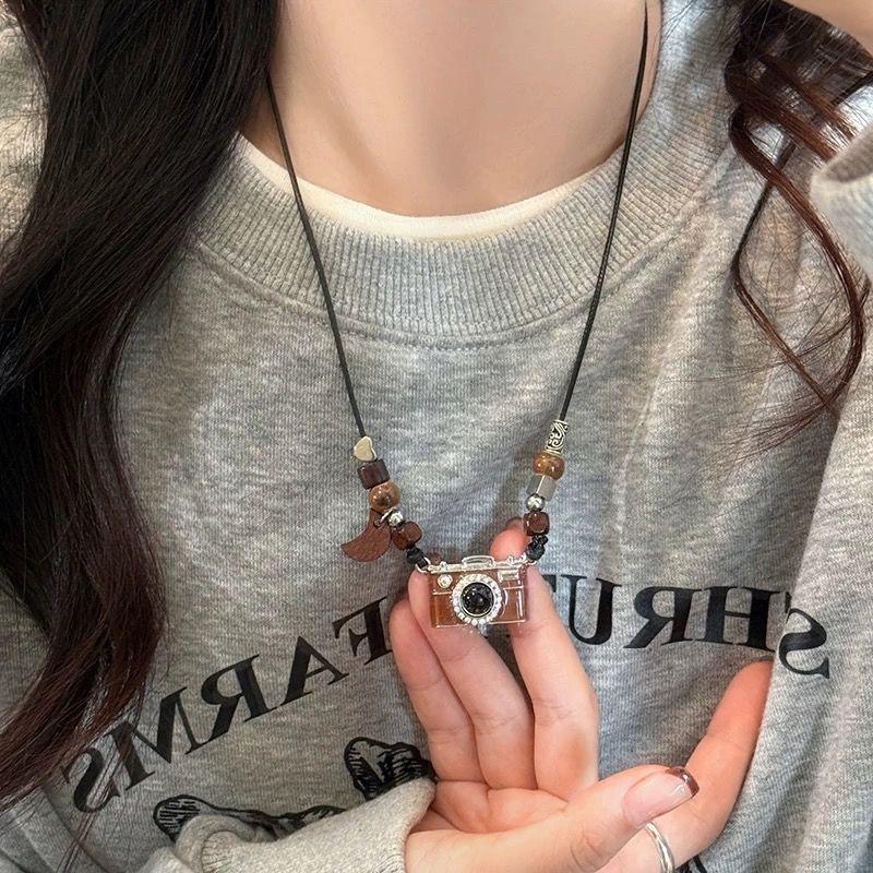 K-pop Хип-хоп Простая Личность Винтажный Коричневый Подвеска-Камера Ожерелье Женщины Мужчины Панк Y2K Шармы Ювелирные Аксессуары