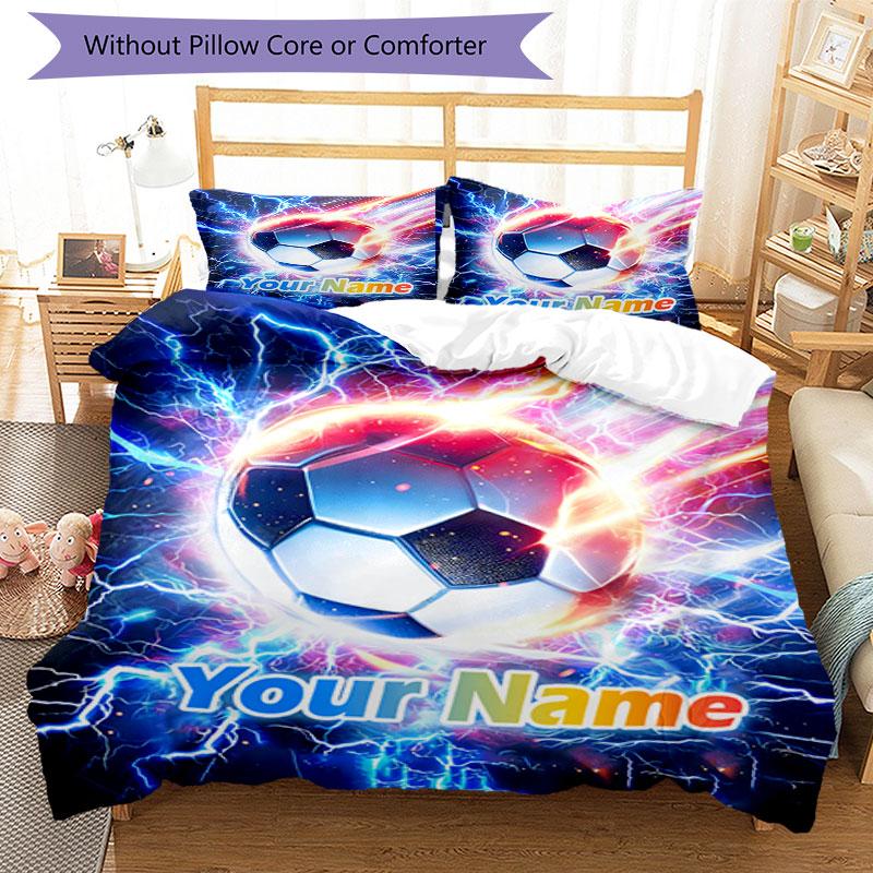 3PC Custom Name Electric Soccer Ball Bedding Set Printed Bedding Set Duvet Cover Closure Includes 1 Duvet Cover & 2 Pillowcases for All Seasons Bedroo