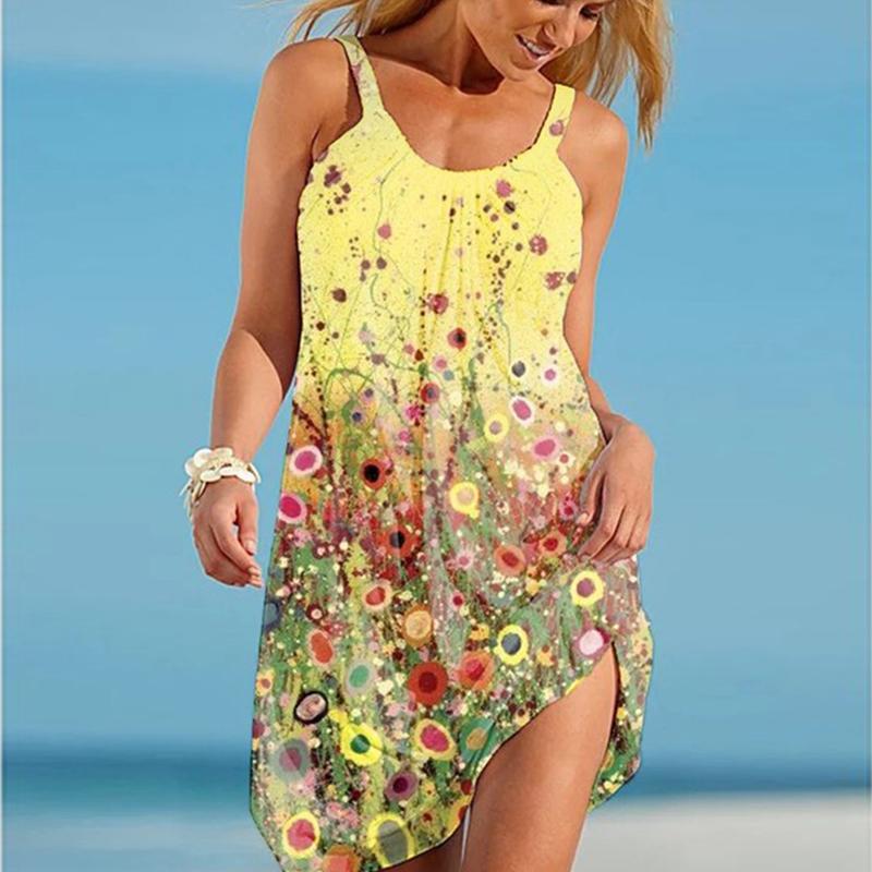 Women's Beach Dress Beach Wear Mini Dress Beautiful Blue Flowers Print Casual Modern Dress Sleeveless Loose Fit Outdoor Daily Pink Blue Summer