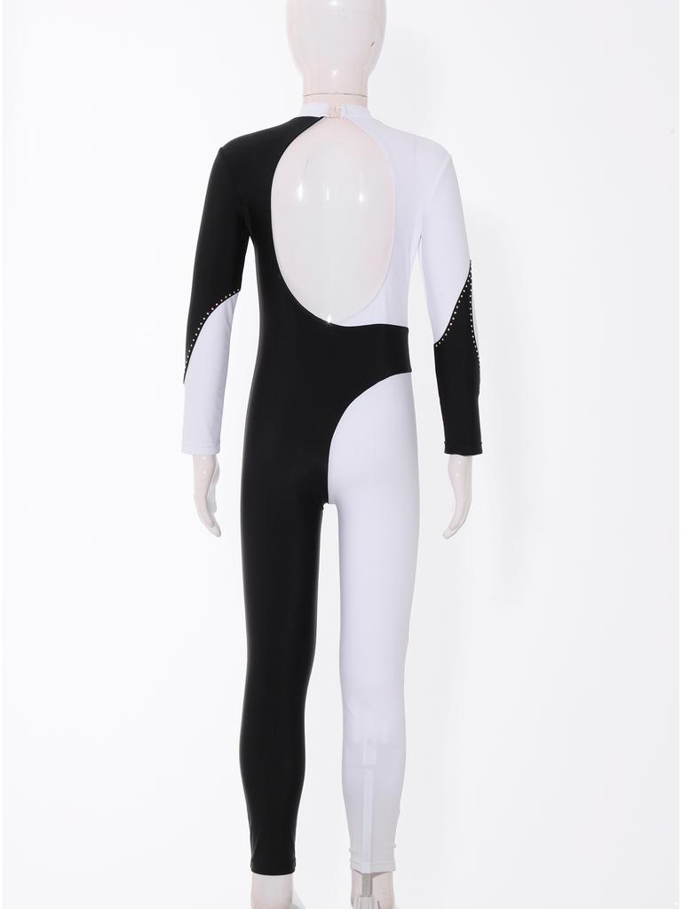 Стильная цельная одежда для катания на коньках для девочек, танцевальные трико с длинными рукавами и круглым воротником, блестящие стразы