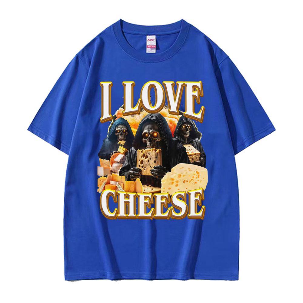 Vintage Skeleton I Love Cheese Meme T Shirts Funny Gothic Graphic Tshirts Unisexs Women Summer Crewneck Cotton Tshirt Streetwear