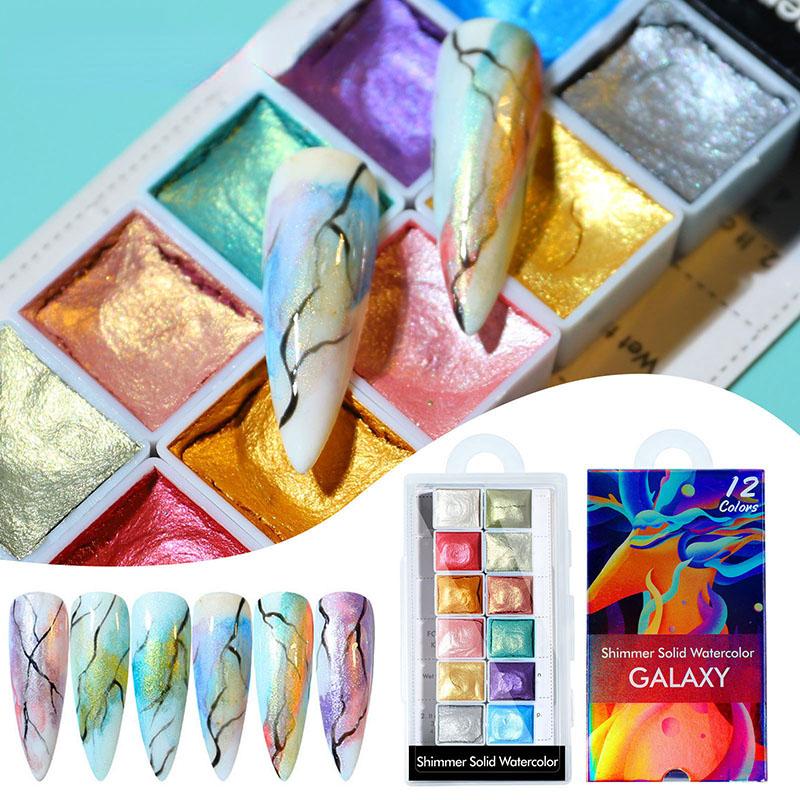 12 Colors Watercolor Paints Glitter Soilid Powder Shimmer Chrome Pigment Holographic Dusts For Nails Art Paintings