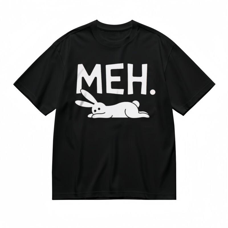 Women's Comfortable Classic T-Shirt White Rabbit MEH Printed Tee Black Cotton