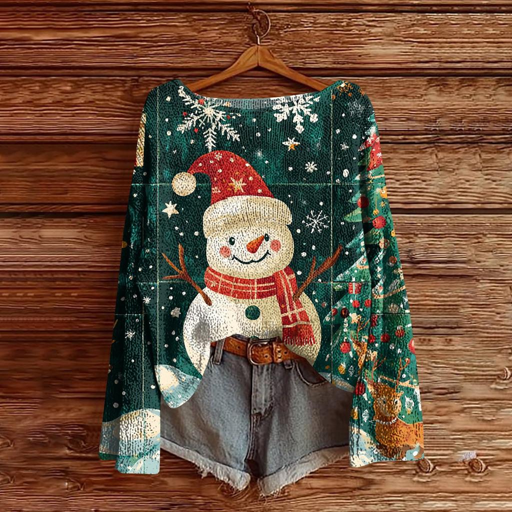 Women's Christmas Print Lightweight Sweater Casual Long Sleeve Knitted Pullover