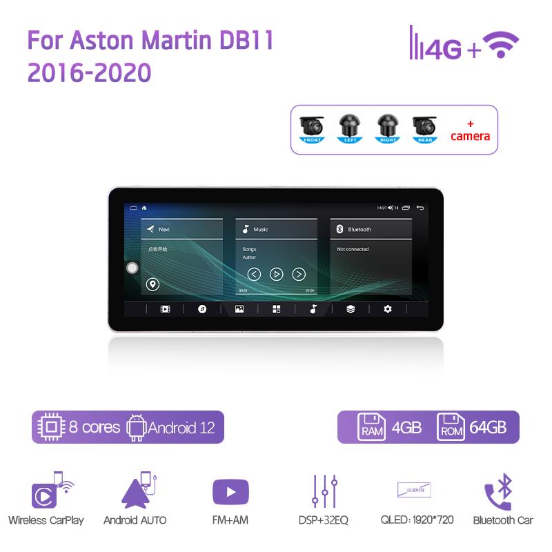 12,3 дюйма для Aston Martin DB11 2016-2020 Автомобильный мультимедийный видеоплеер GPS-навигация Радио Android12 8 ядер CarPlay 4G 360-градусная камера