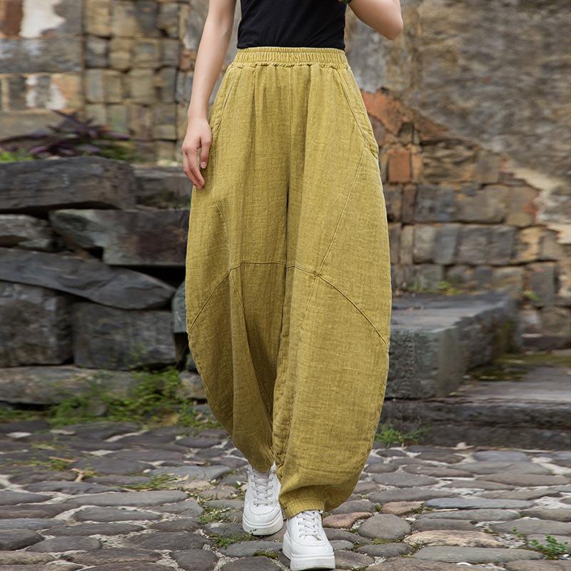 Johnature Women Vintage Bloomers Pants Elastic Waist Solid Color Spring Loose Cotton Ramie Women Patchwork Long Pants