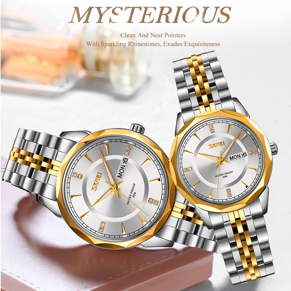 SKMEI Пара Парные часы Парные часы Набор парных часов Классические золотые серебряные часы из нержавеющей стали Водонепроницаемые деловые роскошные брендовые настоящие серебряные мужские часы