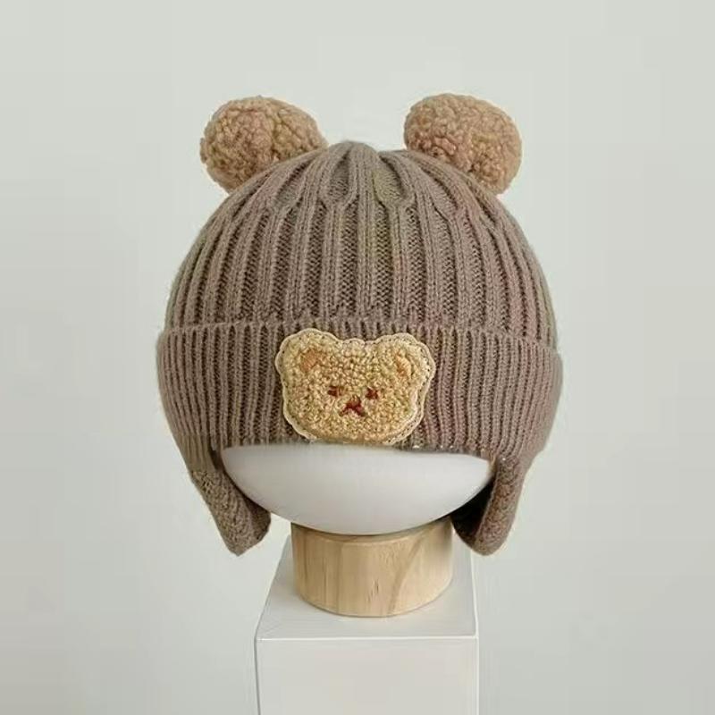 Зимняя детская шапка-бини с рисунком медведя, защита ушей, вязаная шапка для маленьких мальчиков и девочек, сохраняющая тепло, детские вязаные шапки