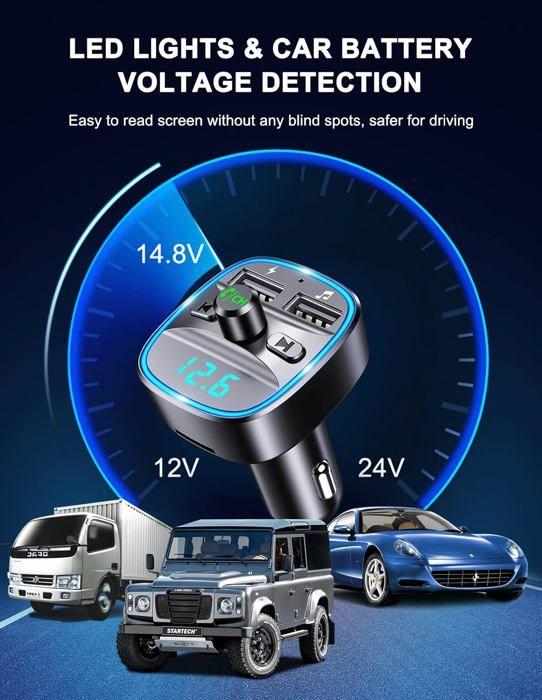 Transmetteur FM Bluetooth - [MARQUE] - J200 - 2 Ports USB - Mains Libres - Lumière Ambiante Bleue