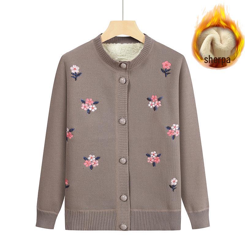 Middle-aged & Elderly Women's Plus Velvet Knitted Cardigan - Autumn/Winter Round-Neck Sweater