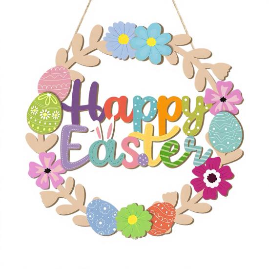 Yousheng Wooden Easter Door Wreath for Front Door Happy Easter Bunny Eggs Porch Sign for Spring Window Wall Hanging Decor