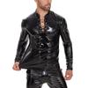 Men's PU Mirror Bright Leather Long-sleeved Casual Jacket Black Slim Lace-up Collar Leather Jacket