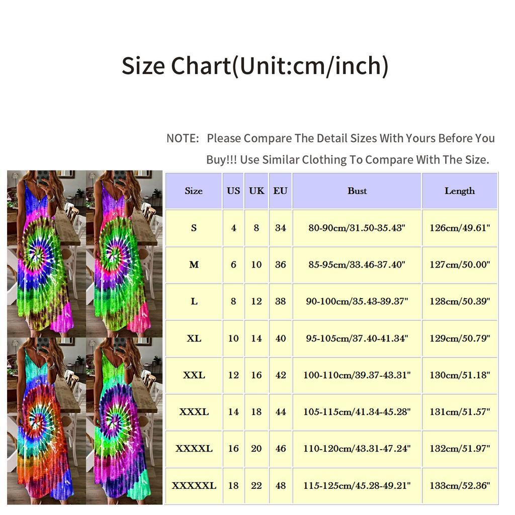Women's Sleeveless Loose V-Neck Plain Tie-dye Printing Maxi Dresses Long Dress