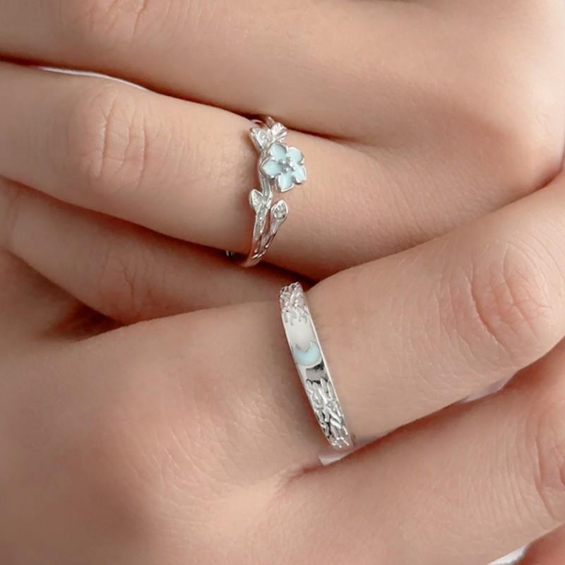 Регулируемые парные кольца из стерлингового серебра с мотивом камелии и луны Минималистичные модные ювелирные изделия Мужские Женские