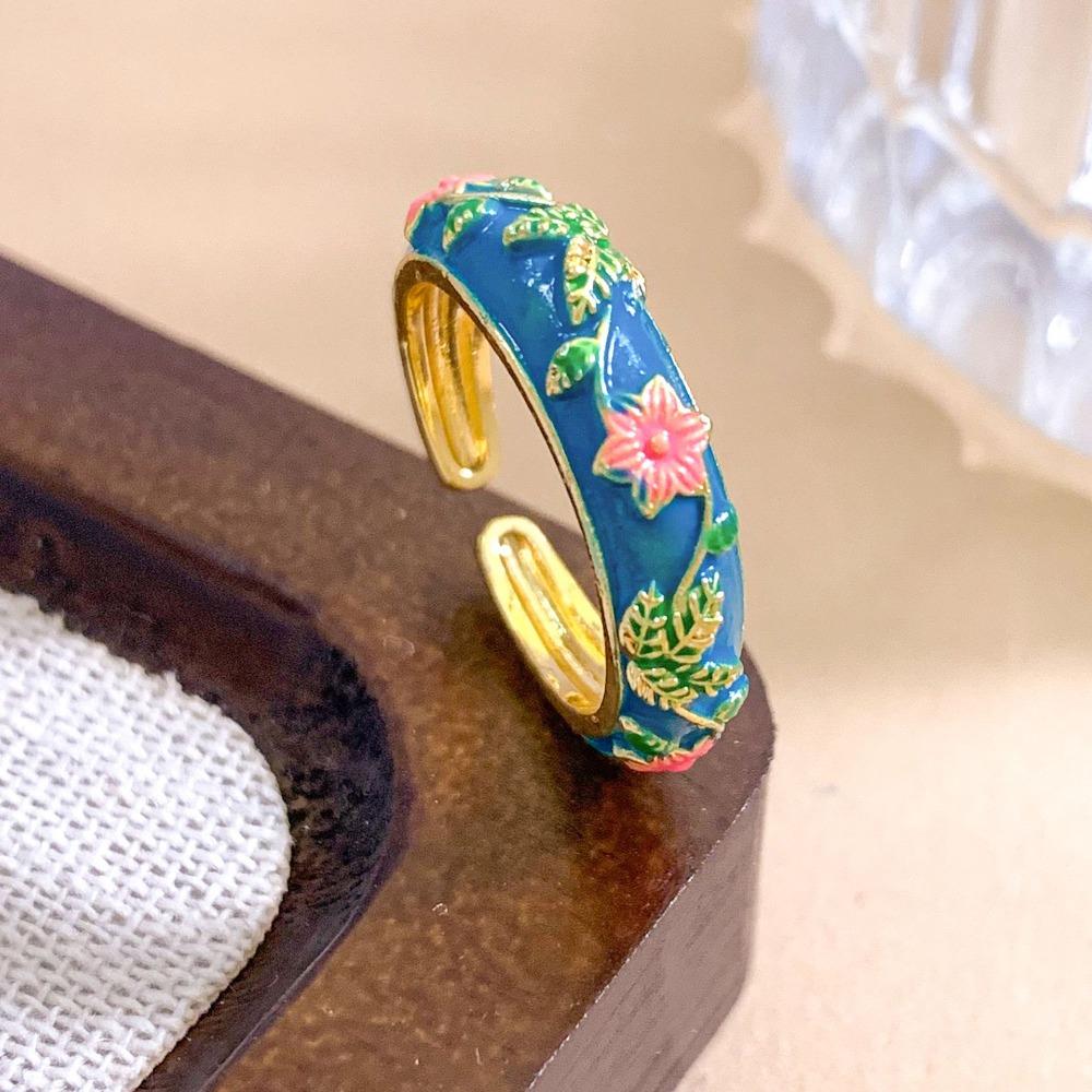 Blue Flower Enamel Drip Oil Ring Vintage Adjustable Irregular Opening Ring Sweet Copper Blue And White Porcelain Ring
