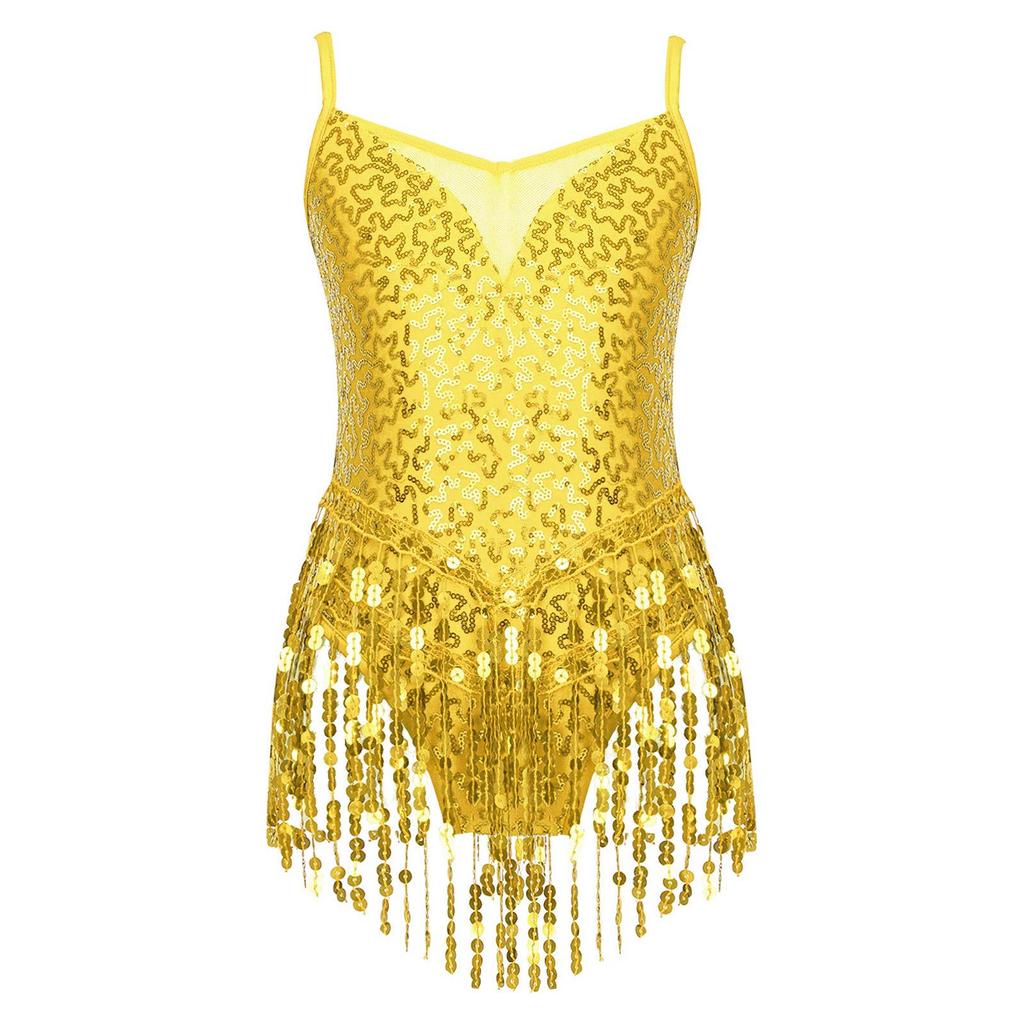Kids Girls Latin Dance Dress Sleeveless Sparkly Sequins Tassel Fringe Dress Latin Jazz Salsa Tango Samba Rumba Dance Costume