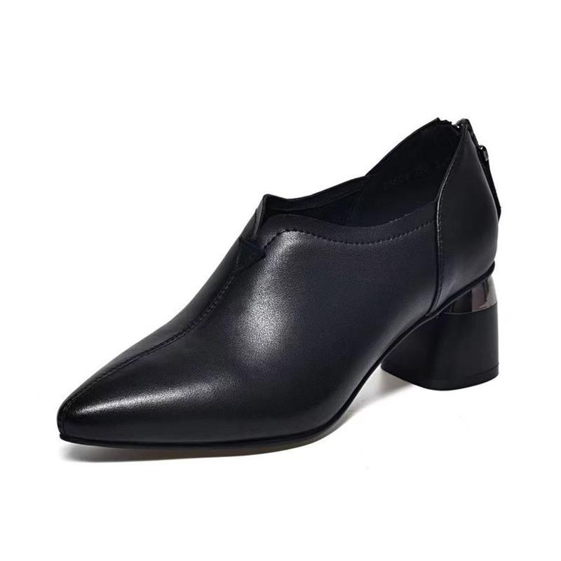 Остроносые туфли-лодочки женские 2025 новая осень мягкая подошва средний каблук толстый каблук работа кожаные туфли для通勤 одна педаль женские туфли
