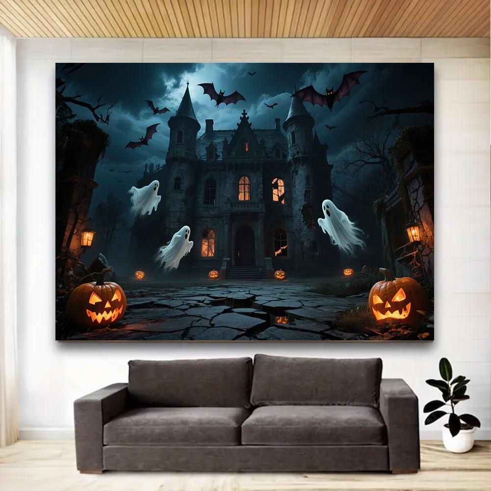 Фон для Хэллоуинской вечеринки с элементами тыквы, замка, летучей мыши, привидения для фотобудки, мероприятия, праздника, настенного декора