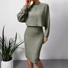 2 Pcs/Set Women Top Dress Suit Mock Collar Thread Long Sleeve Sweater V Neck Sheath Slim