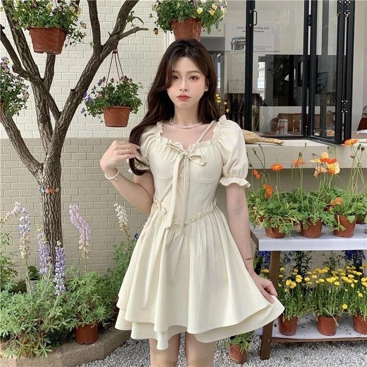 Мини-платья Женские Французский стиль Ярко-сладкие универсальные Эстетические шорты с рукавами High Street Продвинутый хипстерский темперамент Лето Повседневные