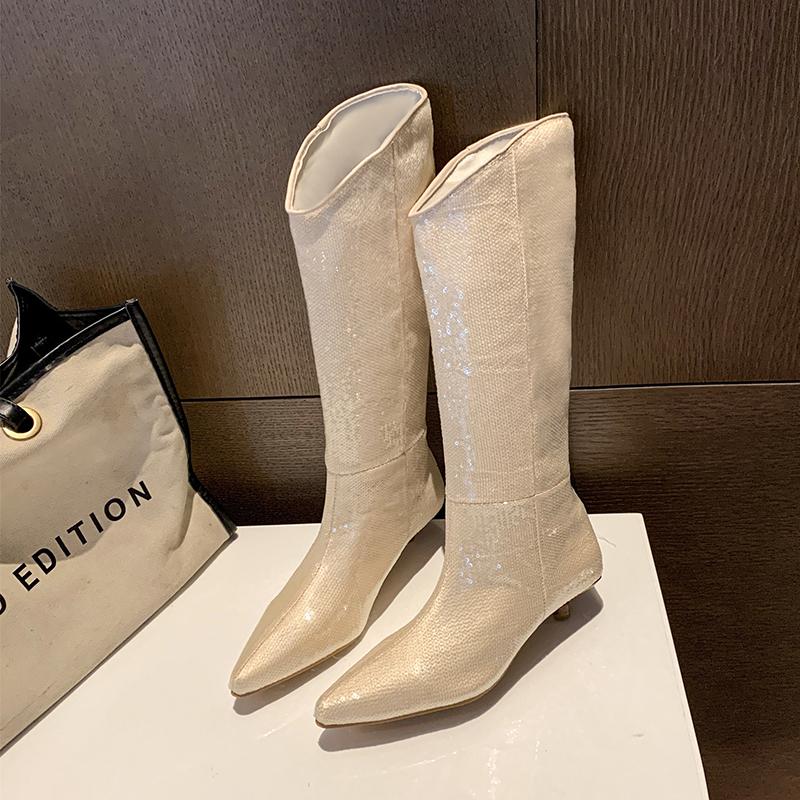Современные ботинки до колена на тонком каблуке, слипоны с острым носком, 2024, высококачественная женская обувь, средний каблук, однотонные, с отстрочкой, сексуальные женские ботинки