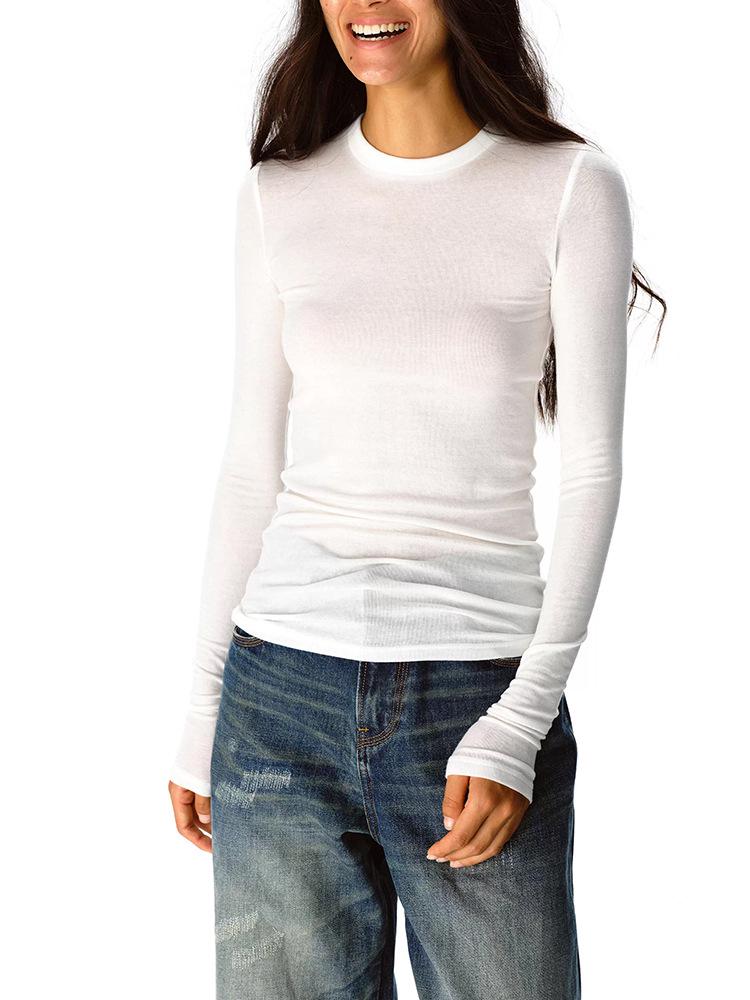 Женская приталенная футболка с длинным рукавом в стиле ретро из легкой американской шерсти и тенселя - Приятный к коже и эластичный базовый слой