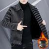 Мужское шерстяное пальто высокого класса: Плюс Вельвет, Полосатый, Теплый Лацкан Повседневная Куртка на Осень и Зиму