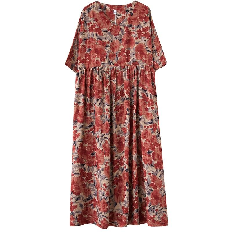 Новое хлопковое платье больших размеров с коротким рукавом и цветочным принтом для женщин, повседневное свободное длинное летнее платье