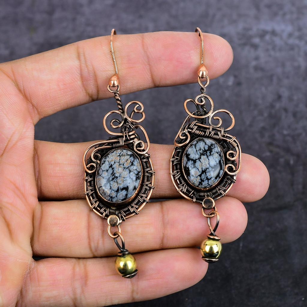 Обсидиан Снежный Ручной Работы Медная Проволока Обмотка Ювелирное Украшение Серьга 3.39" j7a27