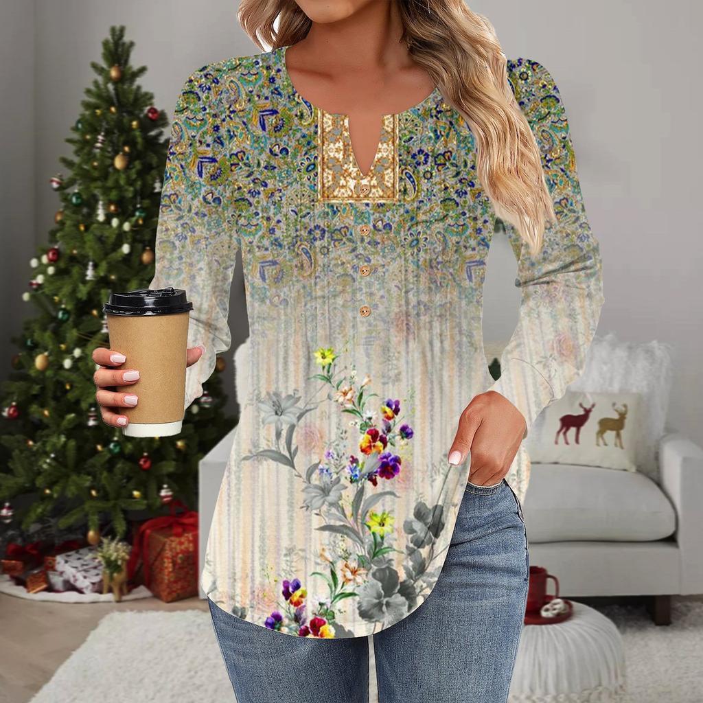 Женская мода повседневная плиссированная футболка с круглым вырезом и декоративными пуговицами и цветами с длинным рукавом